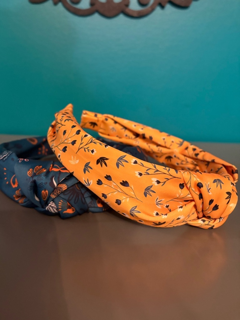 Boho Floral Knotted Headband Set (2) | Satin Top Knot | Mustard & Teal